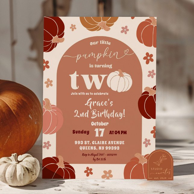 Convites Segundo aniversário Floral de Abóbora Retro (Criador carregado)