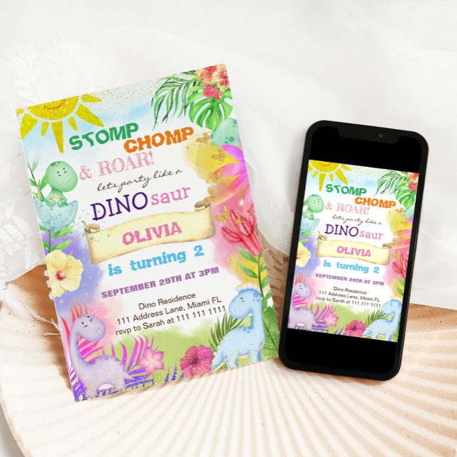 Convites Segundo aniversário Floral de Garota Glitter Dinos (Criador carregado)