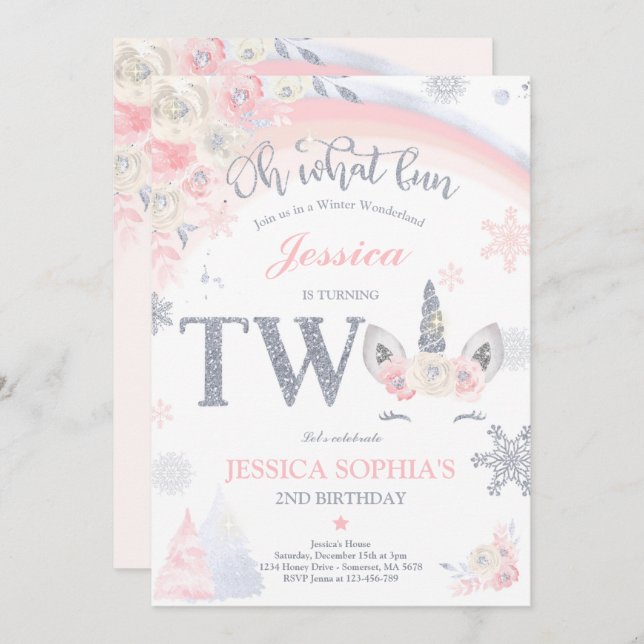 Convites Segundo aniversário Inverno Unicórnio Rosa E Doura (Frente/Verso)