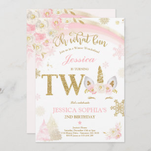 Convites segundo aniversário Inverno Unicórnio Rosa E Doura