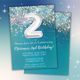 Convites segundo aniversário Invitation Teal Silver Glitter
