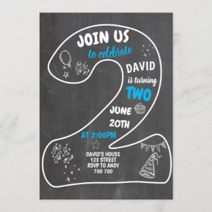 Convites Segundo aniversário Menino Número do Quadro Azul