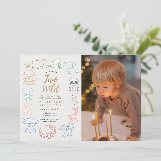 Convites Segundo aniversário Personalizado de Animais da Fe (Em pé/Frente)