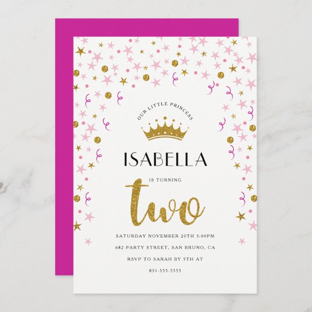 Convites segundo aniversário princesa| Confetti Dourado e r (Frente/Verso)