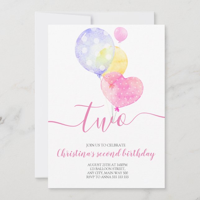 Convites segundo aniversário Rosa De Balão Dois Segundo Ani (Frente)