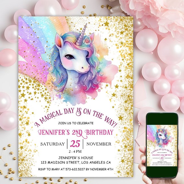 Convites Segundo aniversário Unicorn | Arco-Íris Dourado (#UnicornBirthdayInvitation #UnicornBirthdayInvitationTemplate #UnicornBirthdayInvitationEditable )