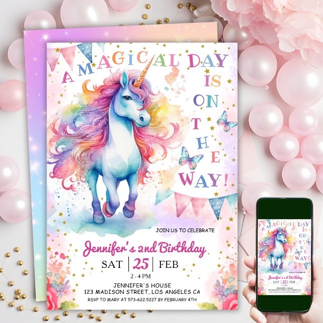 Convites Segundo aniversário Unicorn Fada Fada Floral Arco- (#UnicornBirthdayInvitation #UnicornBirthdayInvitationTemplate #UnicornBirthdayInvitationEditable 
)