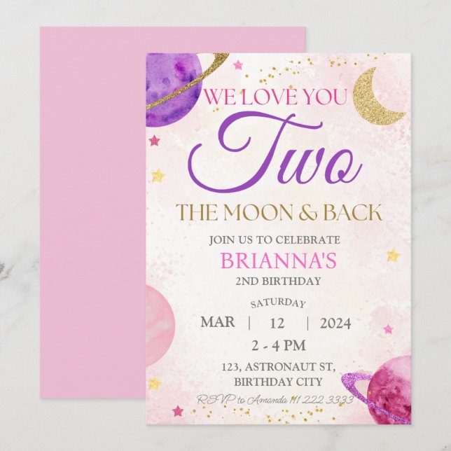 Convites Segundo Do Espaço Exterior Rosa Dois Do Aniversári (Frente/Verso)