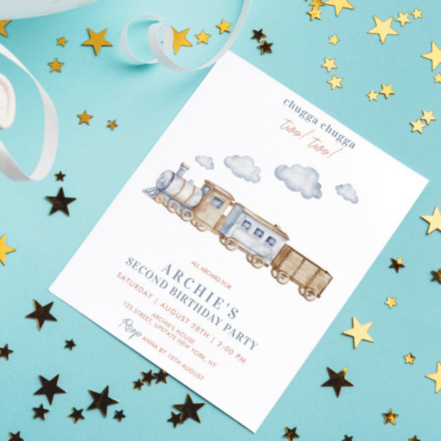 Convites segundo Festa de aniversário Cano de Água Dois (2nd birthday train watercolor invitation template easy to download or printed two two chuga chuga)