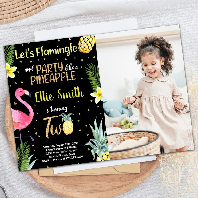Convites Segundo Fotográfico Flamingo Pineapple Preto (Photo 2nd Black Glitter Flamingo Pineapple Invitation)