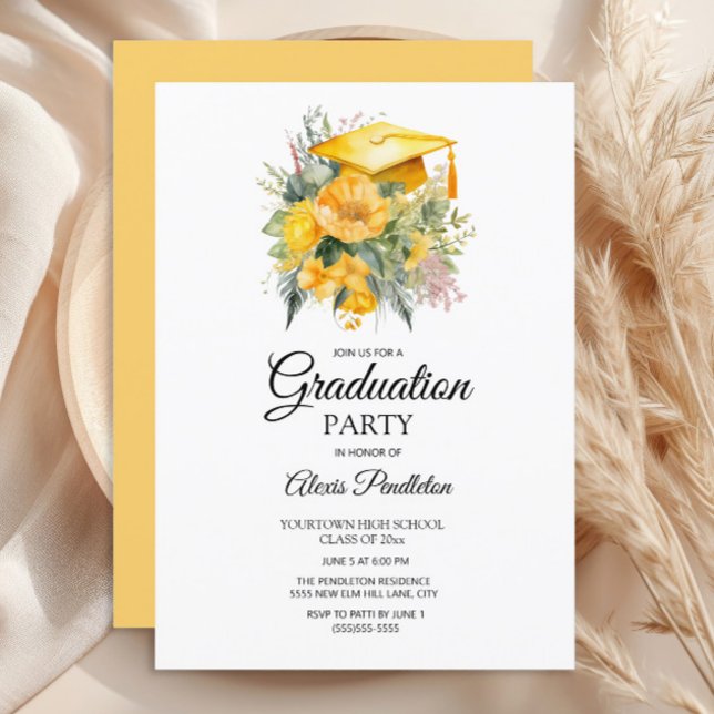 Convites Segundo grau Floral Boné de formatura Amarelo (Yellow graduation cap party invitation)