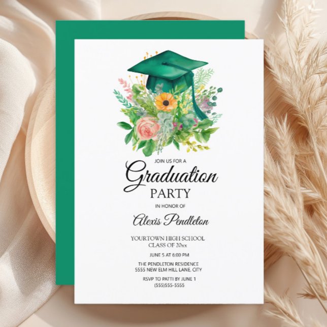 Convites Segundo grau Floral Boné de formatura Verde (Green graduation cap party invitation)
