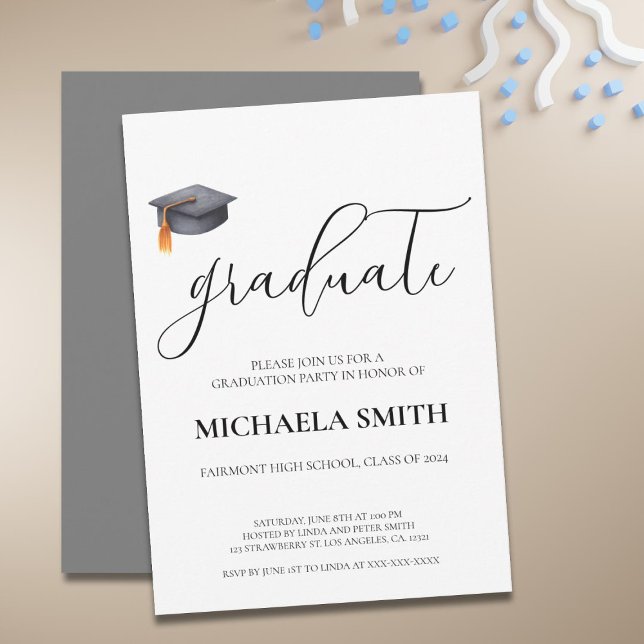 Convites Segundo grau preto moderno simples Festa de format (Simple Modern Black Cap Graduation Party Invitation)