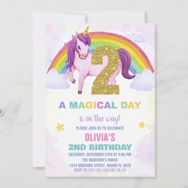 Convites segundo Rainbow Unicorn Aniversário Invoca Nuvem (Frente)