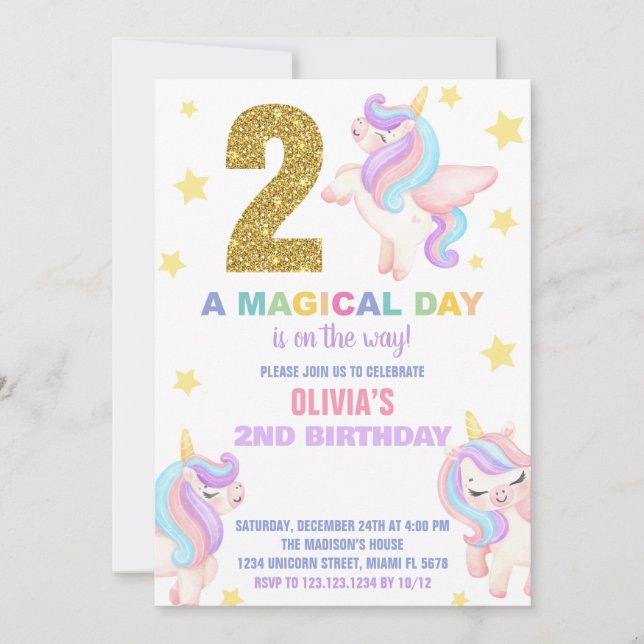 Convites segundo Rainbow Unicorn Aniversário Voa (Frente)