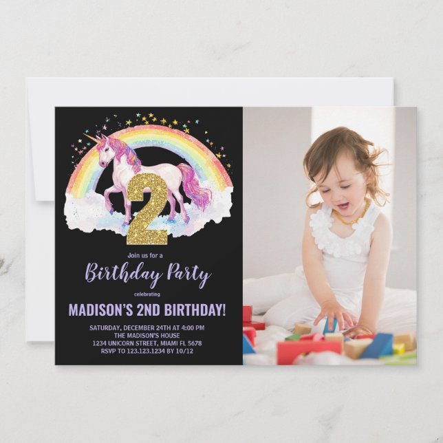 Convites segundo Rainbow Unicorn Birthday Invtions foto (Frente)