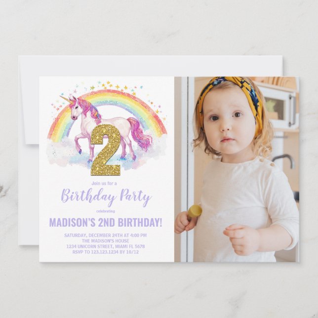 Convites segundo Rainbow Unicorn Birthday Invtions foto (Frente)