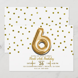 Convites SEIS 6 Balão Dourado & Confetes Festa de Aniversár