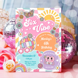 Convites Seis é um aniversário de Vibe Retro Groovy Preppy 