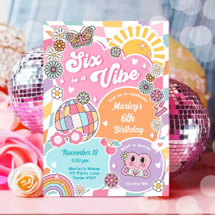 Convites Seis é um aniversário de Vibe Retro Groovy Preppy 