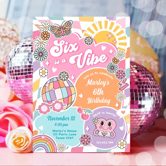 Convites Seis é um aniversário de Vibe Retro Groovy Preppy  (Criador carregado)