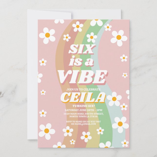 Convites Seis é um clima Retro 6º Groovy Rosa Menina 1970 (Frente)