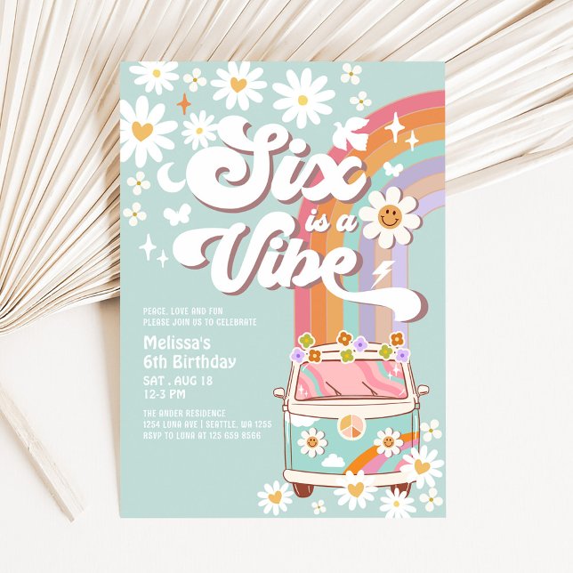 Convites SEIS é um Vibe Daisy Arco-íris Groovy 6º Aniversár (Criador carregado)