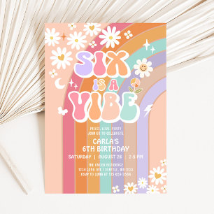 Convites SEIS é um Vibe Daisy Arco-Íris Groovy 6º Aniversár