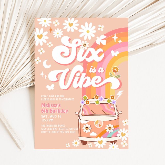Convites Seis é uma Vibe Menina Rosa Pêssego Margarida 6º A (Criador carregado)