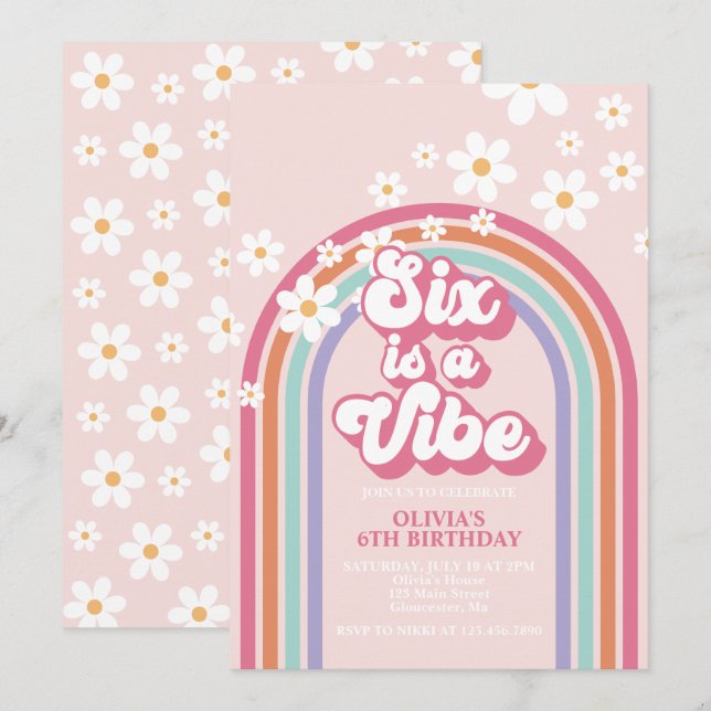 Convites Seis é uma Vibração Aniversário de 6 anos Rainbow (Frente/Verso)