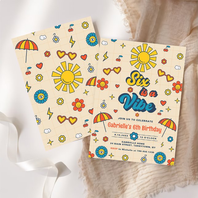 Convites Seis é uma Vibração Groovy Retro Daisy 6º Aniversá (Criador carregado)