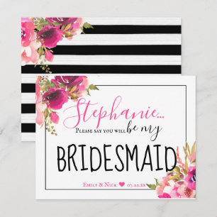 Convites Seja a minha dama de Bridesmaid Floral Rosa e Pret