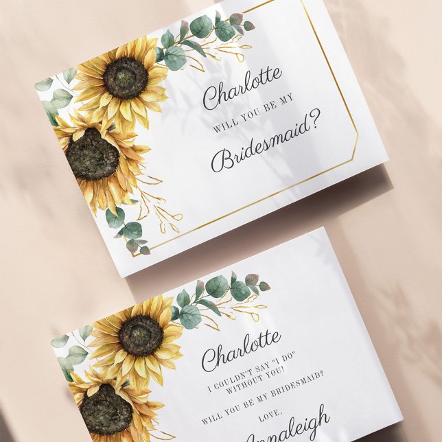 Convites Seja A Minha Meia-Branca Eucalyptus Sunflower Geom (Bridesmaid Proposal Floral Sunflower Eucalyptus Card)