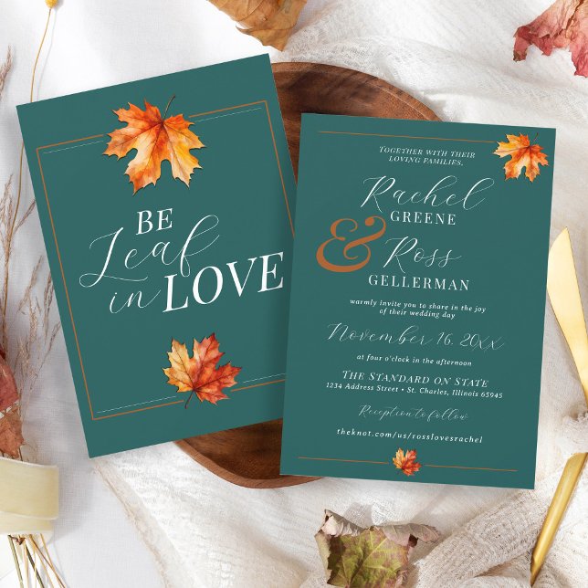 Convites Seja Folha Com Amor, Casamento outono Elegante De  (Elegant jewel tone teal burnt orange rust watercolor fall leaves autumn wedding invitation)