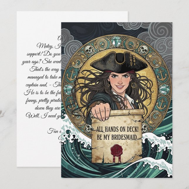 Convites Seja Minha Dama de Honra Pirata Corajosa (Frente/Verso)