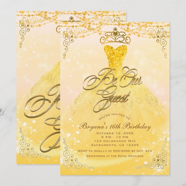 Convites Seja Noss Convidado Princesa Amarelo & Dourado Fes (Frente/Verso)