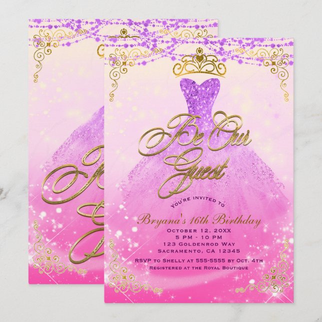 Convites Seja Nossa Convidada Princesa Roxo e Dourado Festa (Frente/Verso)