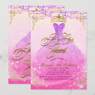 Convites Seja Nossa Convidada Princesa Roxo e Dourado Festa
