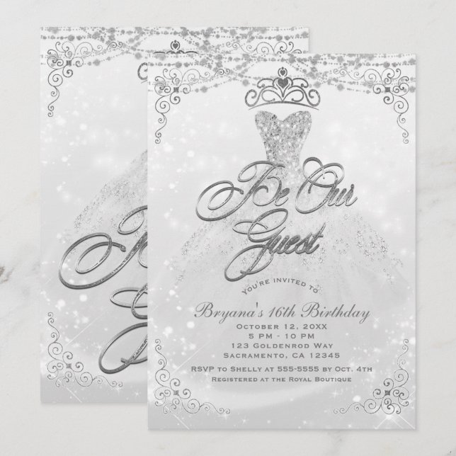 Convites Seja Nossa Convidade Princesa Branco Prata Festa S (Frente/Verso)