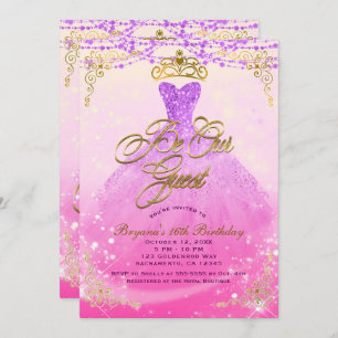 Convites Seja nossa princesa Roxo & partido Dourado do