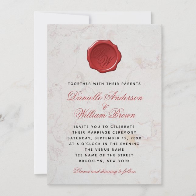 Convites Selo de Cera de Casamento em Branco com Monograma  (Frente)