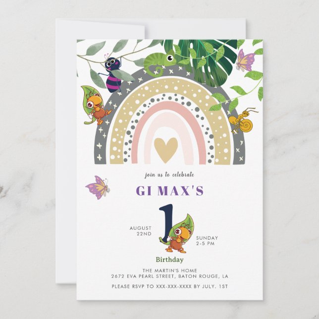 Convites Selva, Arco-Íris E primeiro aniversario De Bebê Ch (Frente)