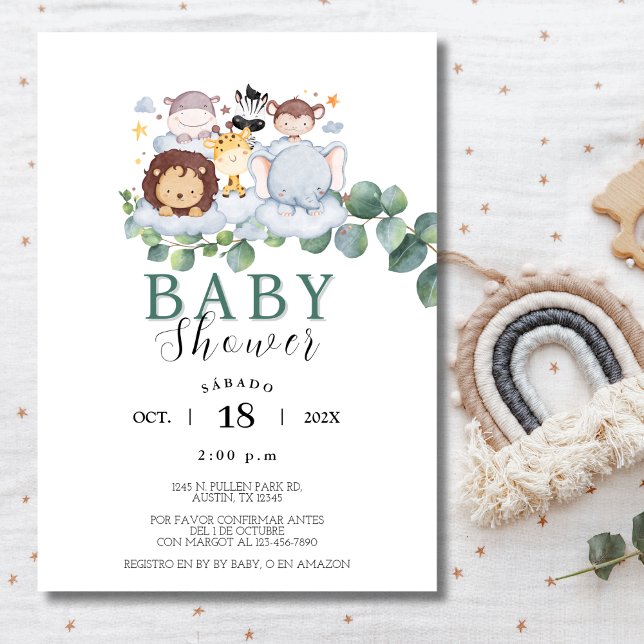Convites Selva Chá de fraldas Espanhola de Animais Safari (Safari Animals Spanish Baby Shower Jungle Invitation)