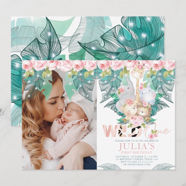 Convites Selva de Animais Foto do Primeiro Aniversário (Frente/Verso)