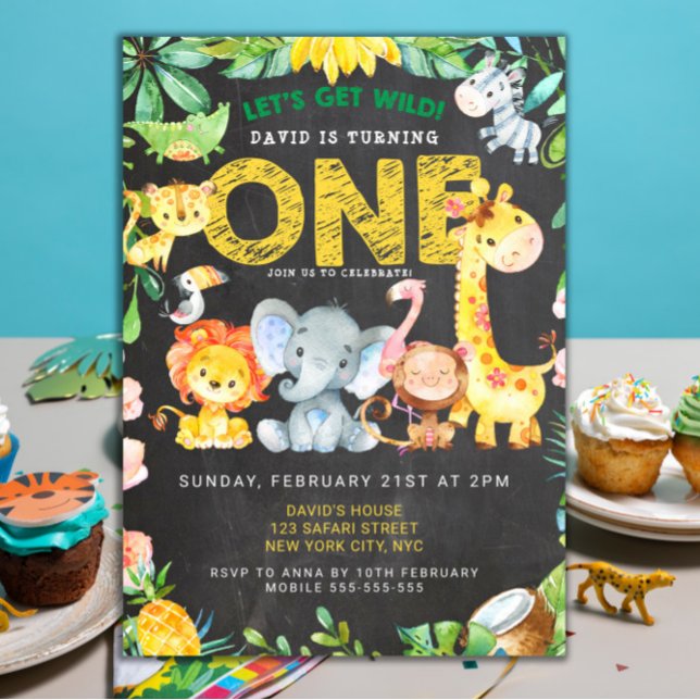 Convites Selva de Calkboard Safari 1rua (jungle themed zoo birthday 1st birthday party animals safari template)