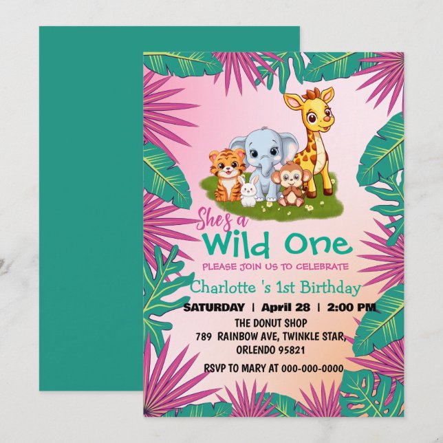 Convites Selva de macaco-girafa selvagem 1rua Aniversário (Frente/Verso)