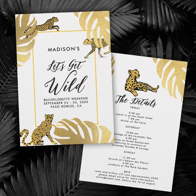 Convites Selva Selvagem de Chita Dourada Bachelorette Itine (lets get wild safari jungle bachelorette itinerary invitation cheetah frame gold leaf elegant modern)