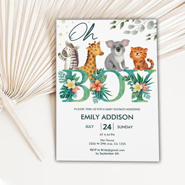 Convites Selva Verde Animais Oh Chá de fraldas Safari (Greenery Jungle Animals Oh Boy Safari Baby Shower Invitation)