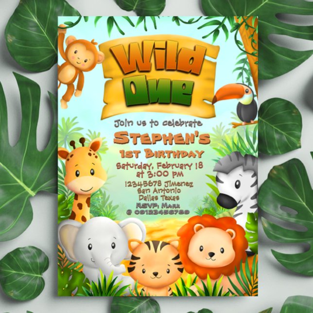Convites Selvagem - Animais da Savana (Wild One - Safari Animals Invitation)