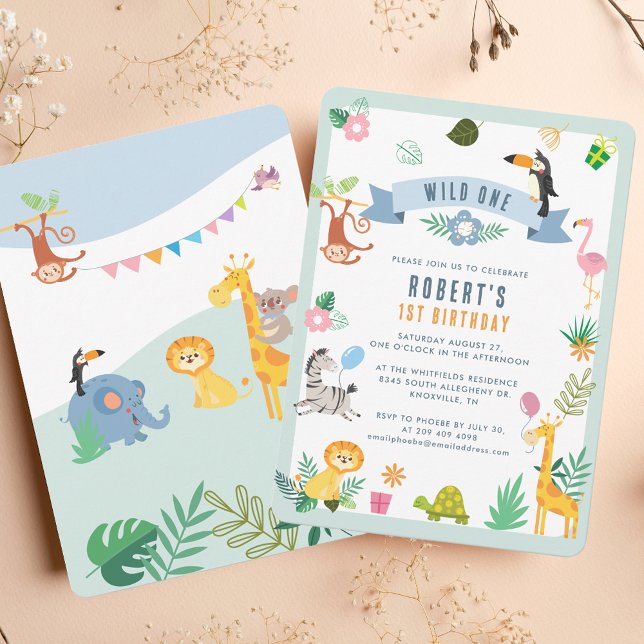 Convites Selvagem de primeiros aniversarios Selvagens de An (Wild One Safari Animals 1st Birthday Jungle Party Invitation)